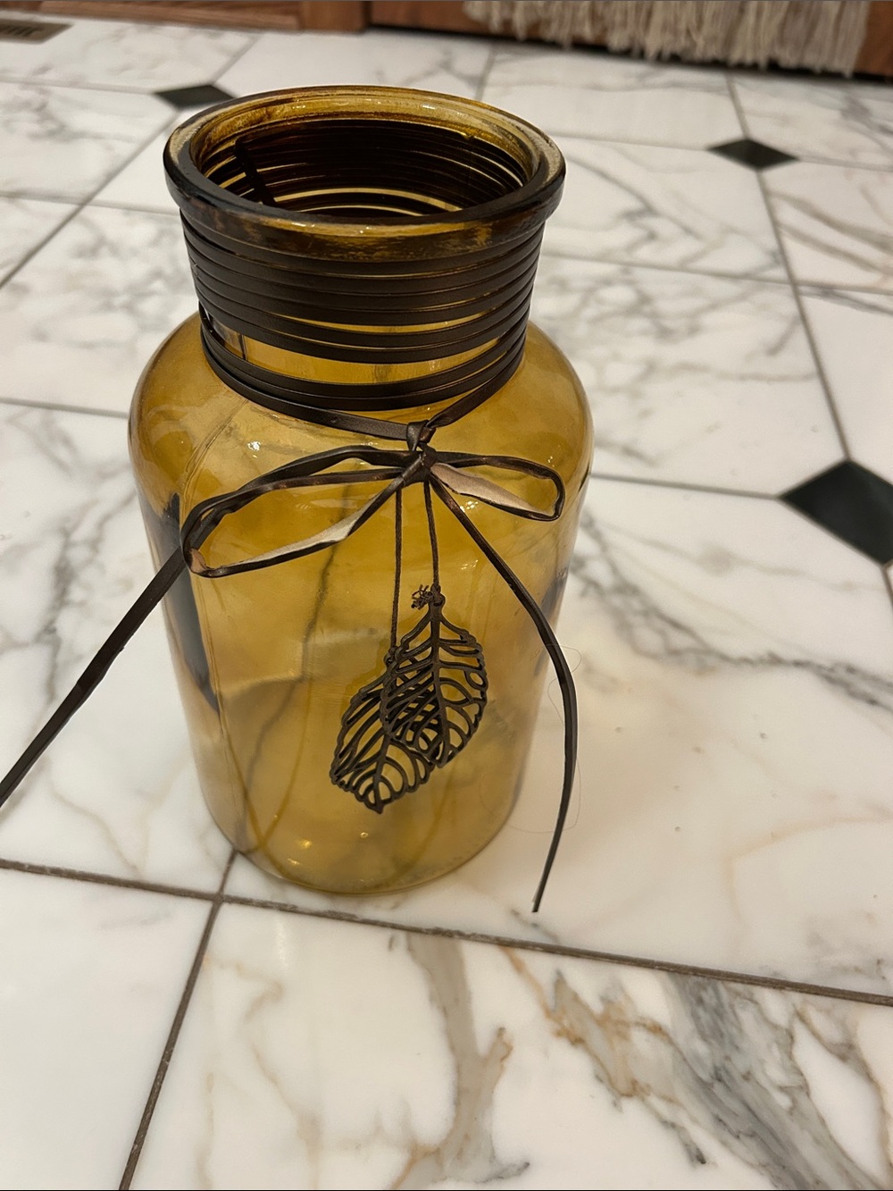 Amber Decorative Glass Vase with Metal Leaf Accent 10.5 inches tall